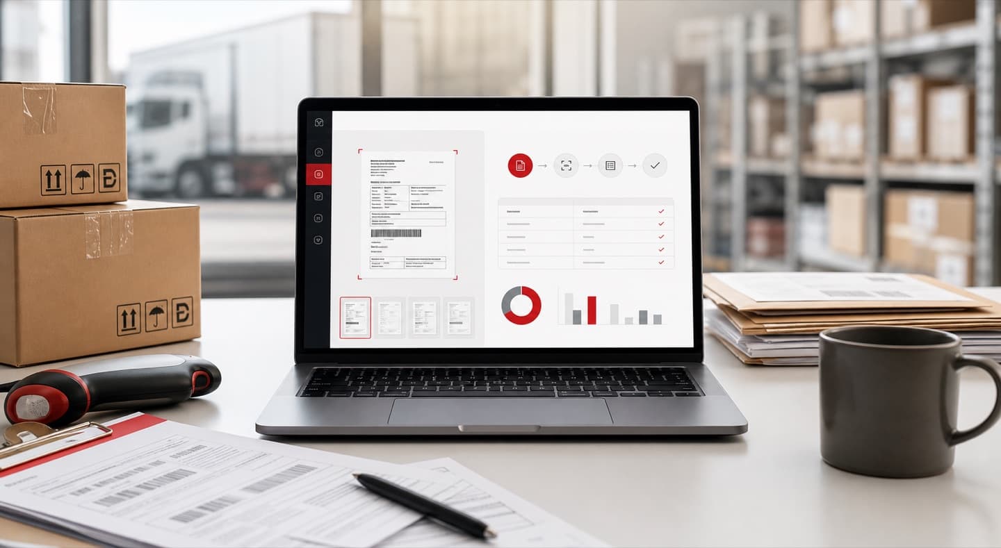A logistics automation dashboard on a laptop surrounded by parcels, shipping forms, and a scanner.