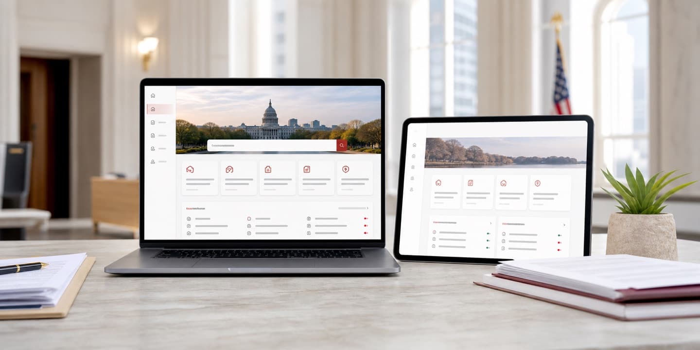 A citizen services portal displayed across a laptop and tablet in a bright civic office setting.
