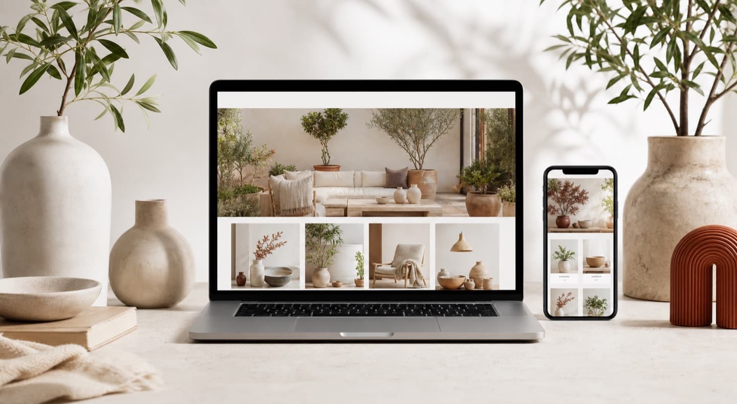A home and garden storefront shown on a laptop and phone surrounded by styled decor objects.